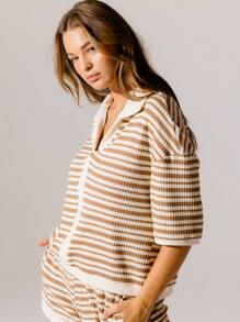 Aralina Casual Striped Knit Collared Lounge Set - Brown - View 6