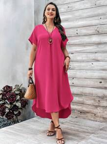 EMERY ROSE Vestido casual de manga corta con escote en V, manga de murciélago y bajo asimétrico para mujer talla grande