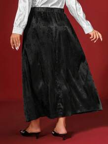 SHEIN VCAY 加大码优雅压花面料前纽扣设计前开衩裙，新年女装，中式风格，复古女装，除夕 - 黑色 - 查看 2