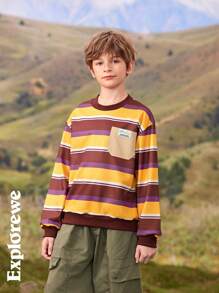 SHEIN Sweatshirt Longgar Bergaris Kasual Kerah Bulat untuk Anak Laki-laki, Gaya Sekolah Modis, Musim Gugur - MultiWarna - View 7