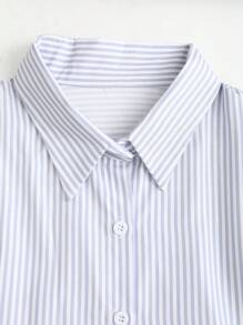 SHEIN Unity Blusa de mujer con rayas sueltas, fruncidos y puños con cordón - Azul y blanco - Ver 4