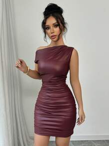 Calvaya Women's Elegant PU Leather Ruffle Waist Tight Fitting Slim Mini Dress