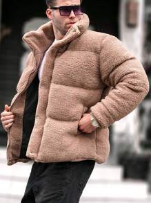 Manfinity Homme 宽松男士按扣前泰迪熊棉服外套，冬季外出外套，送给朋友、丈夫、男朋友的礼物，男士棕色泰迪熊夹克，男士冬季夹克，男士羽绒夹克 - 卡其色 - 查看 3