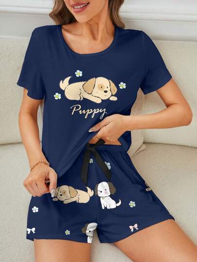 Set de 2 piezas de pijama de mujeres con diseño lindo de cachorrito