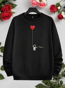 Manfinity Homme 情人节宇航员情侣装，时尚休闲男士黑色圆领卫衣 - 黑色 - 查看 2