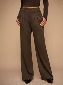 Forever 21 Brand New Winter High Waist Pleated Slim Straight Casual Loose Office Work Pants Women's Winter Trousers - Coffee Brown - View 5