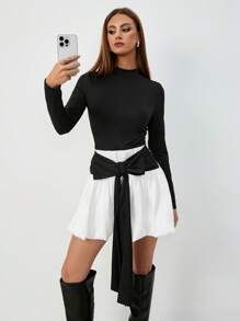 SHEIN Unity 女士纯色拼接系带长袖休闲迷你连衣裙 - 黑色 - 查看 3