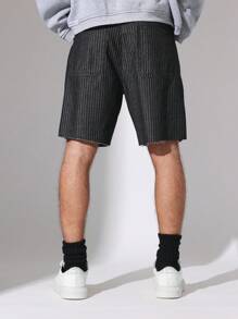 SUMWON Vintage Nadelstreifen Denim Shorts mit rohem Saum, klassischer gerader Schnitt, mittlere Taille, Sommer-Frühlings-Destroyed-Look, reguläre Länge, stilvoller urbaner Straßen-Jeans-Shorts - Schwarz - Übersicht 5