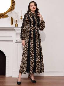 Modelyn Women's Elegant Leopard Print & Lace Patchwork Long Shirt Collar Dress, Spring/Summer