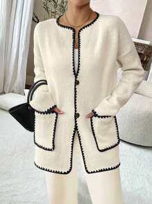 SHEIN Clasi New European Style Blogger Same Design Sense Colorblock Vintage Double Pockets Casual Crew Neck Knit Jacket