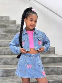 SHEIN Tween Girls Embroidered Patch Bomber Jacket & Denim Skirt 2 Pieces Set, Pre- - Light Wash - View 7