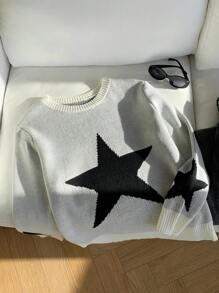 SHEIN EZwear Women's Casual Round Neck Long Sleeve Star Pattern Sweater, Autumn/Winter - Apricot - View 7