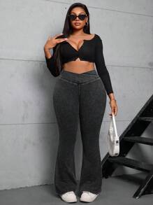 Dripcurv Plus Size Blue Denim Jeans, Casual Skinny Elastic Criss-Cross Waist Flare Leg, High Waist Leggings