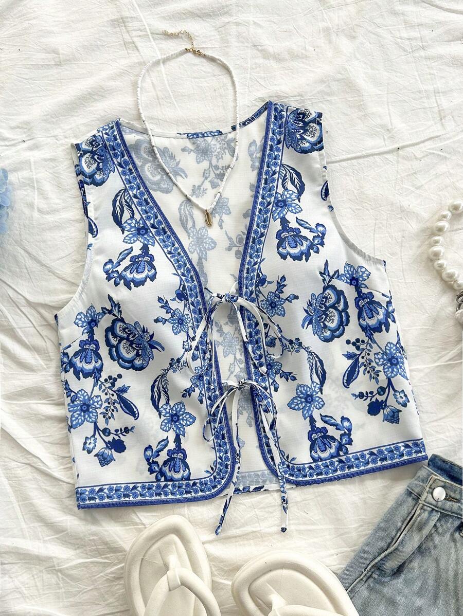 Soleia WYWF 女士 V 领系带喇叭袖热带图案印花背心，适合度假 - 藍白色 - 查看 1