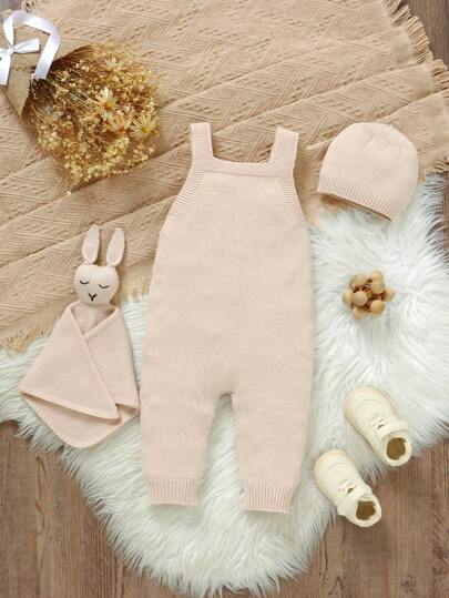SHEIN [Comfy Baby Set] Infant Sweater Jumpsuit With Bib + Hat + Adorable Muslin Swaddle Blanket 3pcs Set, Casual Minimalist Design, Integrated Construction For Ultimate Comfort, Provides All-Round Cozy Experience For Baby