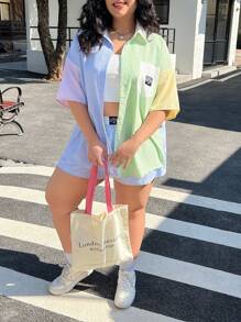 SHEIN EZwear Plus Letter Patched Colourblock Drop Shoulder Shirt & Shorts - Multicolor - View 4