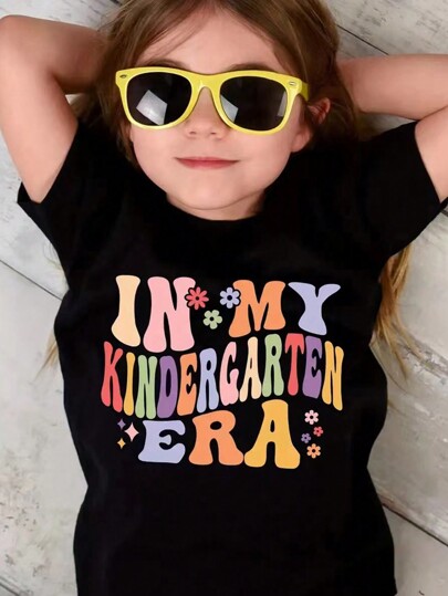 SHEIN Young Girl Casual Floral Letter Slogan Printed Short Sleeve T-Shirt For Toddler, School, Campus, College Summer Holiday