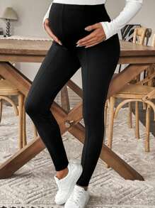 SHEIN Maternity Solid Color Adjustable Waist Casual Leggings, Versatile For Everyday Wear - Black - View 5