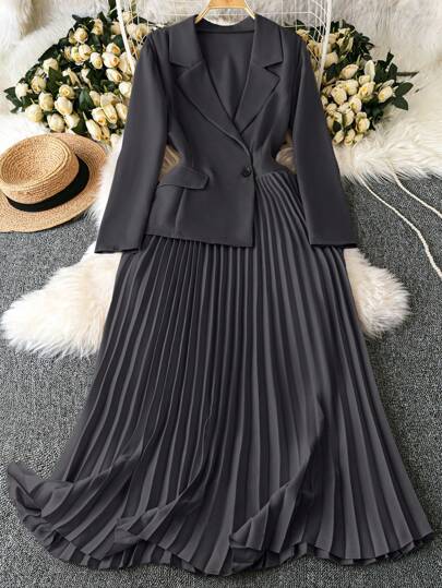 Celure Exquisite & Elegant  Women's Solid Color Elegant Pleated Office Dress Fall Cloth For Women