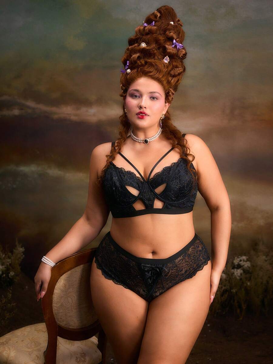 Retro Palace Style 2pcs/Set Plus Size Bralette With Lace Up Front, Wireless Bra Set, Comfortable - Black - View 1