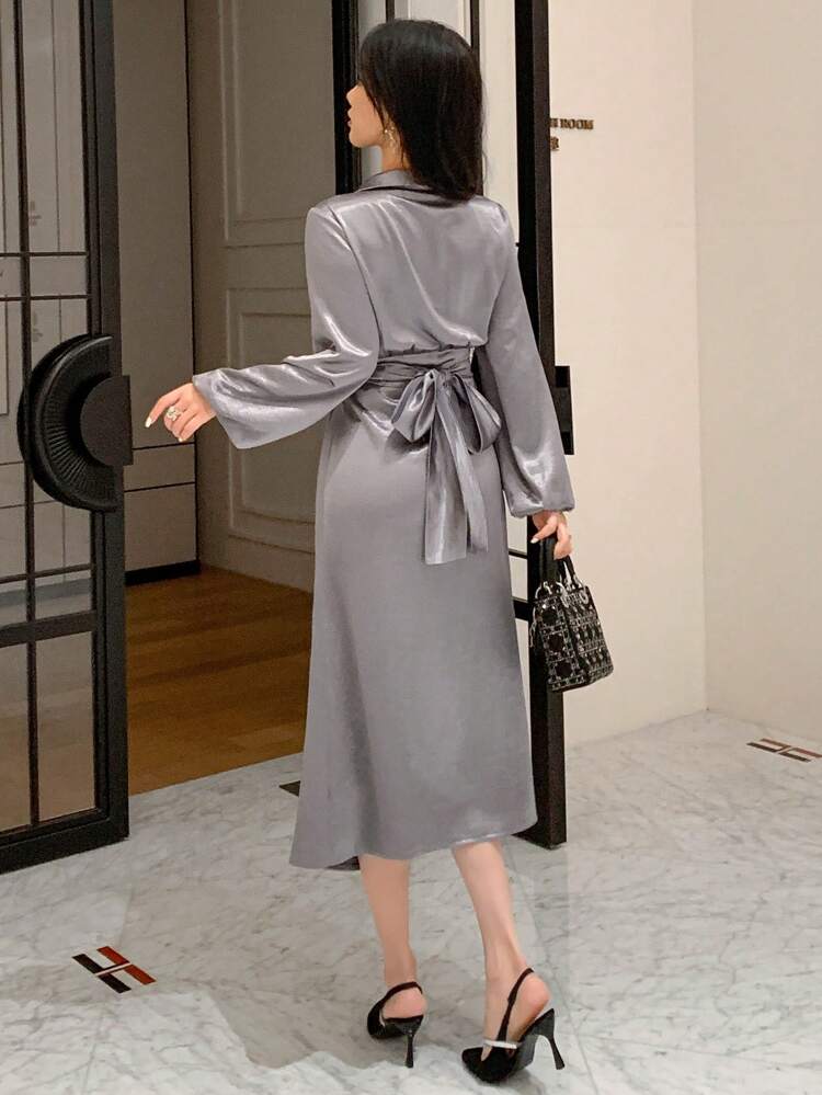 Solid Color Shirt & Criss-Cross Strap Mid-Length Dress, For Date Night,Formal Women Dresses,Fall Dress Long Sleeve Dress