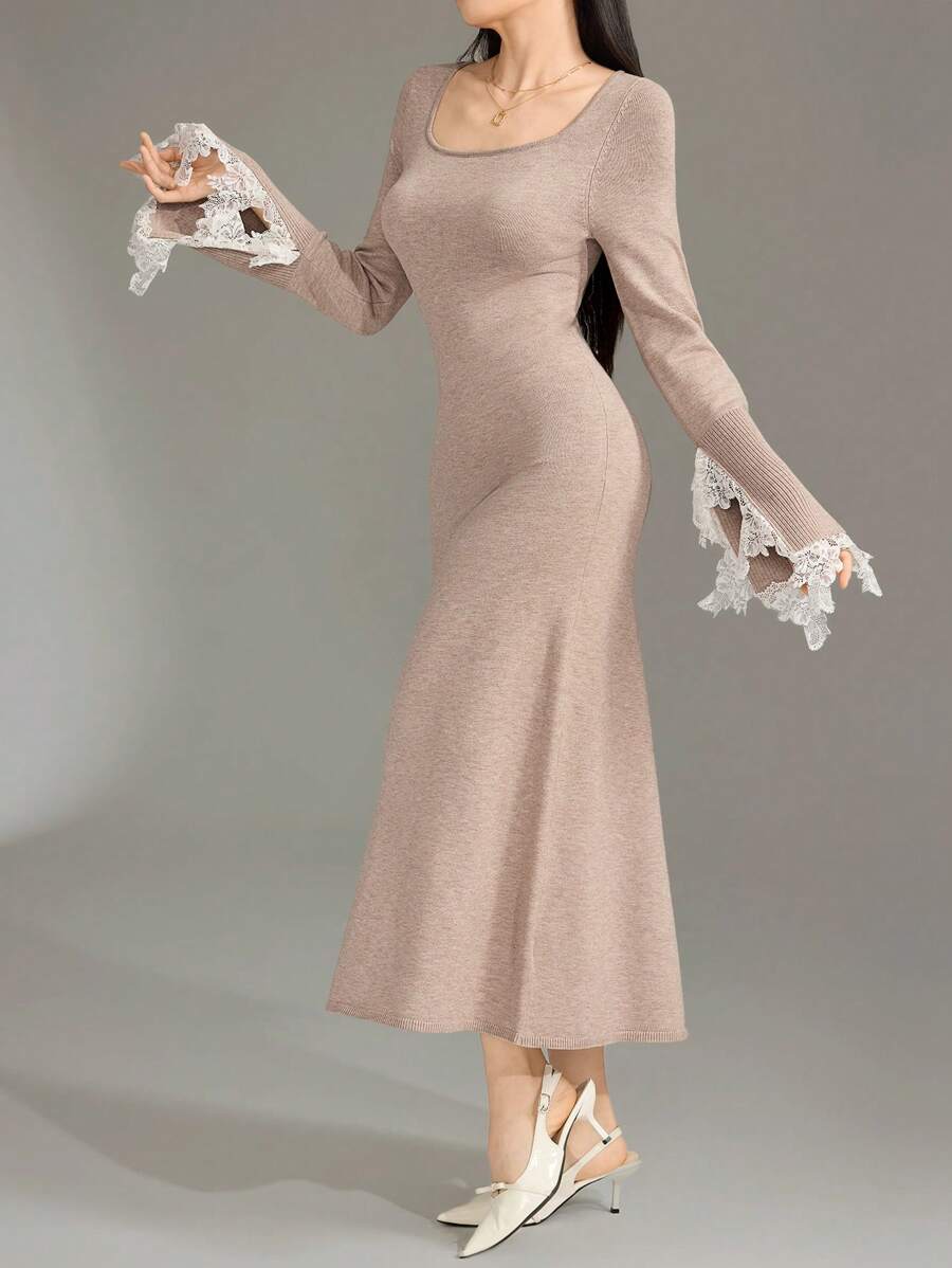 Modelyn Vestido de suéter maximalista de ajuste slim con mangas largas y parches de unicolor para mujeres