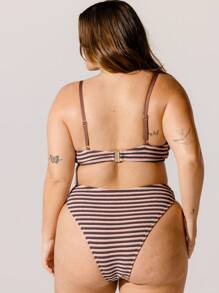 Aralina Plus Size Curve Contrast Striped Scoop Neck Crop Cute Bikini Set High Waisted Tummy Control Bottoms Bikini Set For Vacation Or Spa Day - Pink - View 2