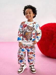 男童圆领长袖印花休闲装 - 上衣和裤子套装