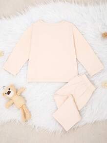 SHEIN 2 pièces/Set Chemise à manches longues avec poche brodée et pantalon long en coton pour bébé garçon. Tenue décontractée et confortable pour la maison. - Nude - Voir 2