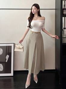 DAZY Women's Pleated Long Elegant Plaid A-Line Skirt - Khaki - View 4