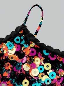 Warp Atelie 艺术家新年闪亮亮片印花两件套服装 - 奢华蕾丝吊带背心和褶皱短裤，性感迷人的女士冬季套装，外出、度假、情人节、节日 - 彩色 - 查看 3