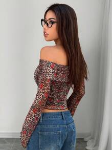 SHEIN EZwear Leopard Print Mesh Off Shoulder Casual Top For Women, Minimalist Fashion, Suitable For Daily Wear