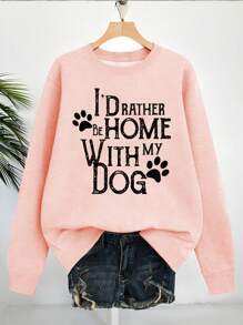 SHEIN LUNE 狗印花口号纯色字母图案休闲圆领长袖运动衫，大码，秋冬季 - 粉色 - 查看 1