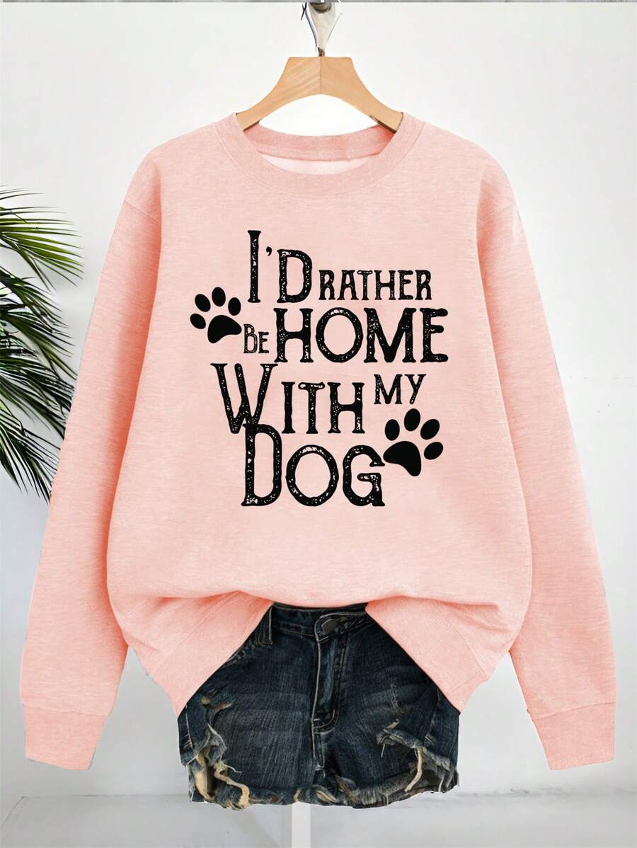 SHEIN LUNE 狗印花口号纯色字母图案休闲圆领长袖运动衫，大码，秋冬季 - 粉色 - 查看 1