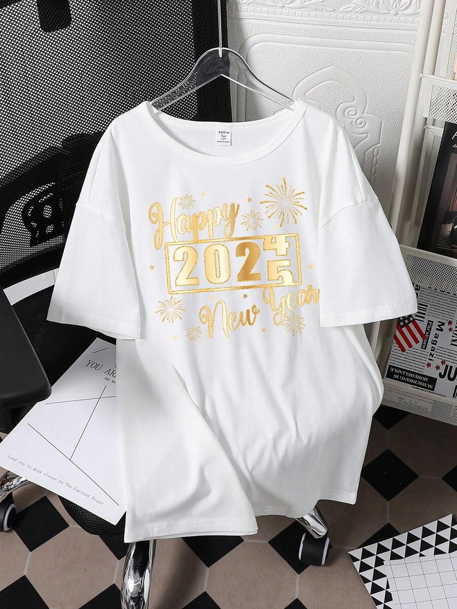 2025新年倒计时烟花印花白色休闲时尚T恤,适合青少年男孩 - 白色 - 查看 1