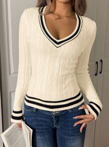 SHEIN EZwear Women Casual Contrast Trim Fitted Knit Sweater, Autumn/Winter