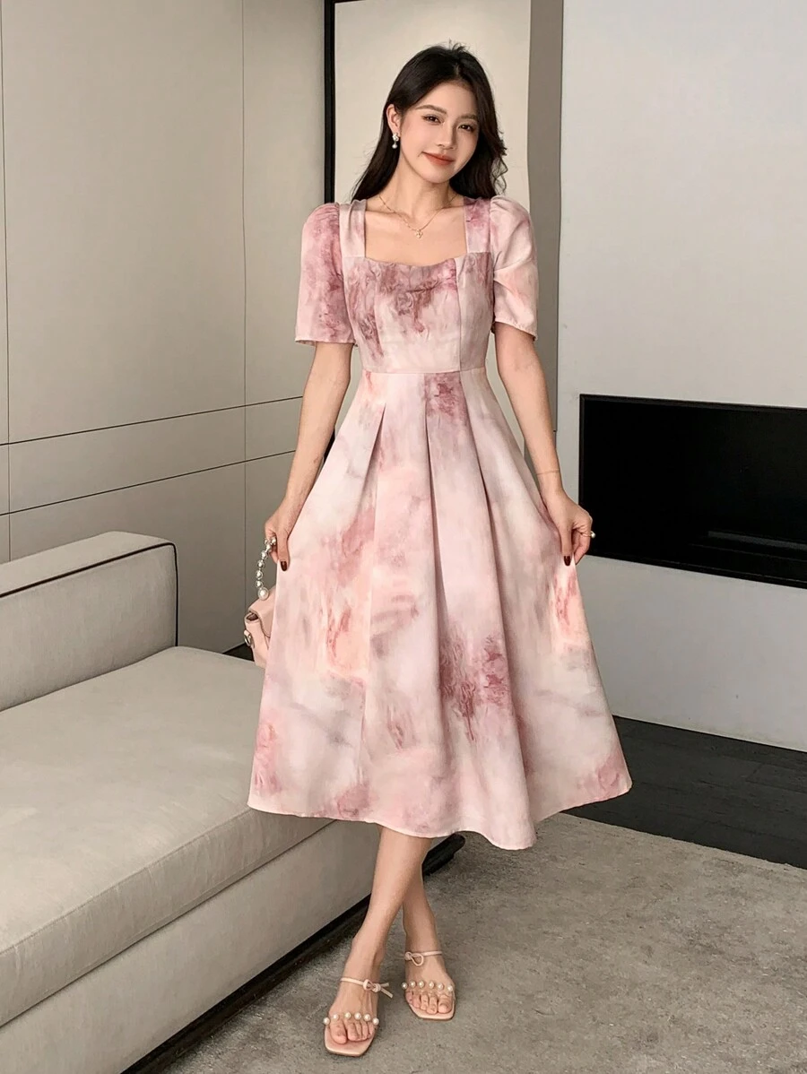 DAZY Đầm nữ dáng lửng tay phồng, họa tiết tie-dye màu nước, đầm thu tay dài họa tiết hoa. - Hồng - Xem 1