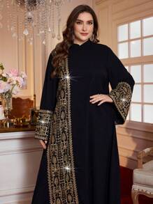 Al Najma Plus Size New Elegant Stand Collar Long Sleeve Pearl Embroidered Luxury Women Robe, Modest - Black - View 1