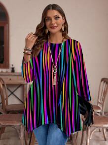 EMERY ROSE Casual Minimalist Rainbow Pattern Loose Fit Crew Neck Long Sleeve Women T-Shirt, Suitable For Autumn/Winter