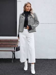 INAWLY Grey Double-Sided Short Jacket With Contrast-Color Metallic Buttons For Women - Multicolor - View 5