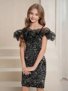 Tween Girl Off-Shoulder Sleeveless Fitted Sequin Mesh Party Dress, Elegant Glamour, Suitable For Valentine's Day, Prom, Wedding, Flower Girl - Black - View 6