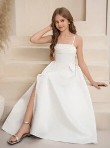 少女白色缎面编织吊带露背电脑串珠连衣裙，系带拉链高腰修身四季连衣裙，优雅返校礼服，公主裙，仙女裙 - 白色 - 查看 5