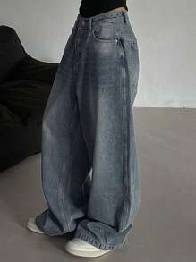 DAZY Women Front Button Pocket Simple Casual Straight Leg Jeans,Baggy Jeans - Medium Wash - View 5