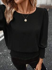 SHEIN LUNE 1pc Women Casual Solid Color Front Pocket 3/4 Sleeve Blouse, Basic Autumn/Winter Daily