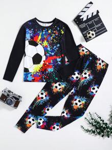 SHEIN 2pcs Tween Boy Snug Fit Glow-In-The-Dark Graphic Football Pattern Long Sleeve Top And Pants Casual Loungewear Set, Suitable For Autumn And Winter - Multicolor - View 5