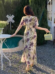 DAZY Robe midi élégante pour femmes à imprimé floral omniprésent enveloppante, pour l'été