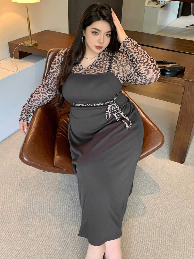 Dazy Plus Plus Size Leopard Print Splicing 2 In 1 Lace-Up Dress, Spring/Summer Cheetah Print Prom Dress Maxi Dress