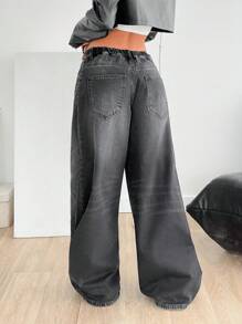 EURMUSE Pantalón vaquero negro con cinturón elástico y estilo Y2K tiro bajo - Negro - Ver 2