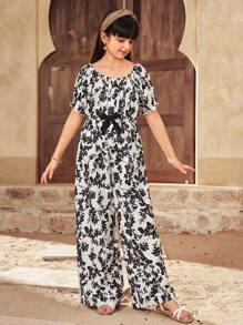SHEIN Leap Crew Tween 女童休闲度假露肩泡泡袖灯笼袖装饰蝴蝶结和碎花黑白剪影印花连体裤，黑色和白色 - 黑與白 - 查看 6