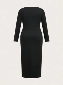 Slaydiva Black Knitted Long Lettering Print Dress, Suitable For Spring And Autumn